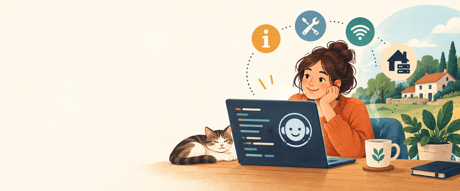 A person using a laptop with IT help and home server symbols
